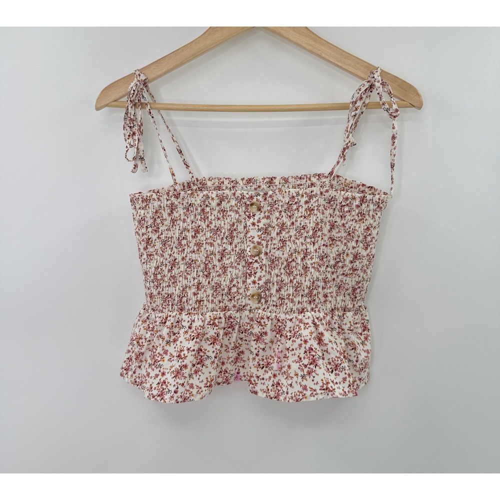Paper Crane Floral Smocked Square Neck Ruffle Peplum Tie Strap Tank Top M
